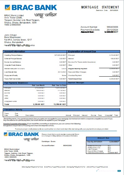 Download Bangladesh BRAC Bank bank mortgage statement scr Photoshop template
